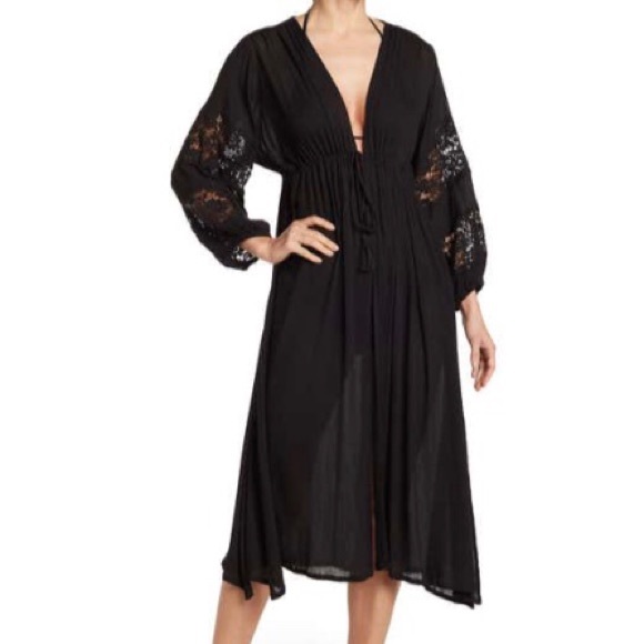 TIE FRONT LONG BLACK LACE DETAIL COVER UP / DUSTER